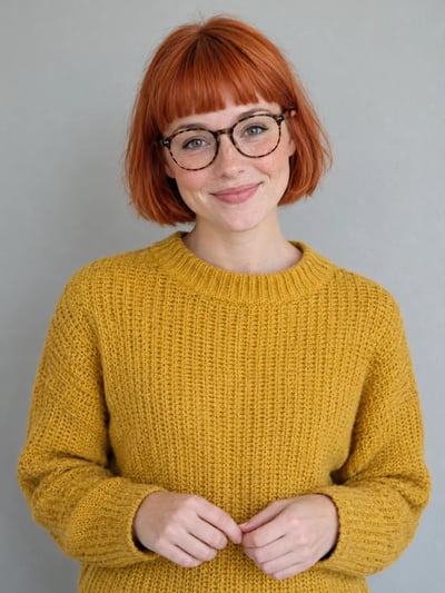 The portrait used for the test: a woman with a red bob and glasses in a mustard sweater against a grey wall