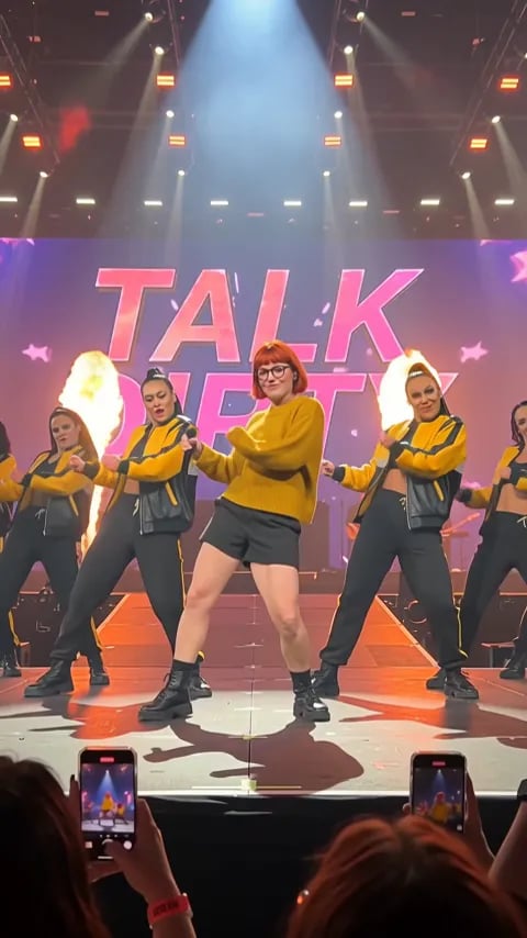 From our Wan 3.0 prompt test: a woman with a red bob, glasses and a mustard sweater dances in front of a crew in yellow and black jackets and a pink TALK DIRTY screen